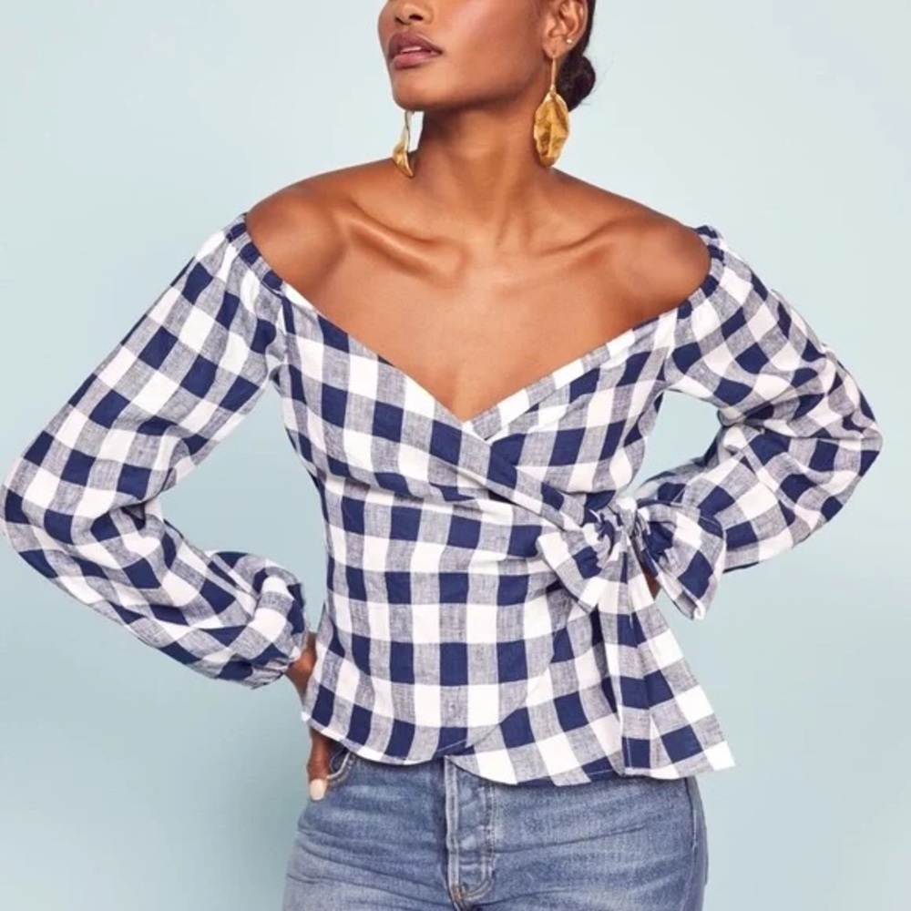 Reformation Hart Wrap Top Blue White Gingham Print 100% Linen Small